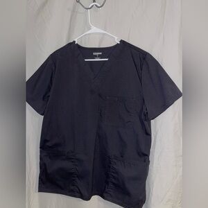 Scrub set. Includes black and grey top, 2 gray scrub pants and 1 black pant